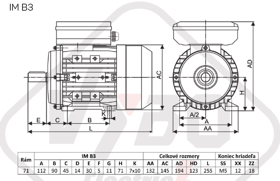 rozmerový výkres jednofázový elektromotor 230V 0,25kw 1ALJ711-4