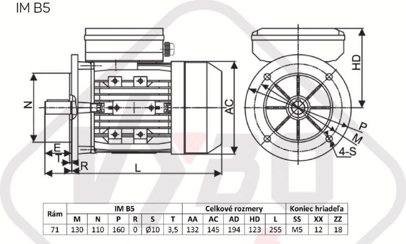 rozmerový výkres jednofázový elektromotor 230V 0,25kw 1ALJ711-4