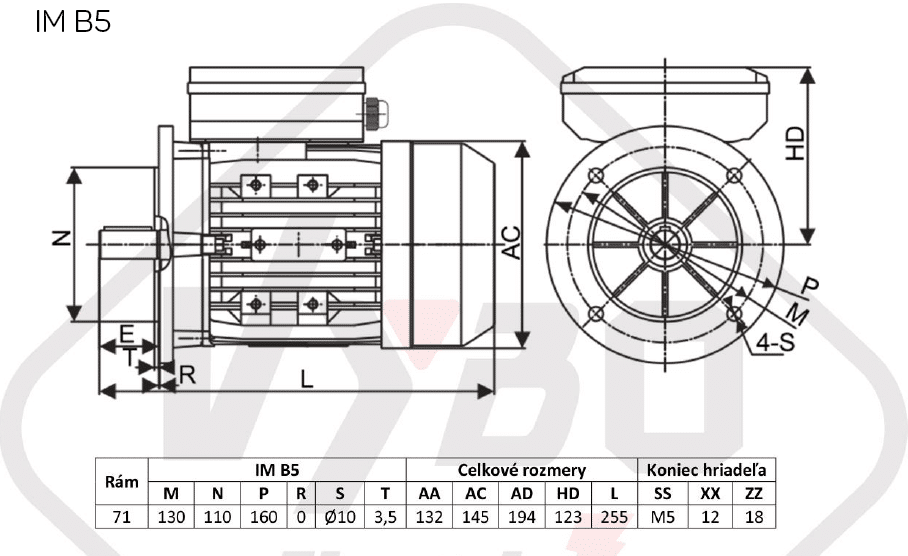 rozmerový výkres jednofázový elektromotor 230V 0,37kw 1ALJ712-4
