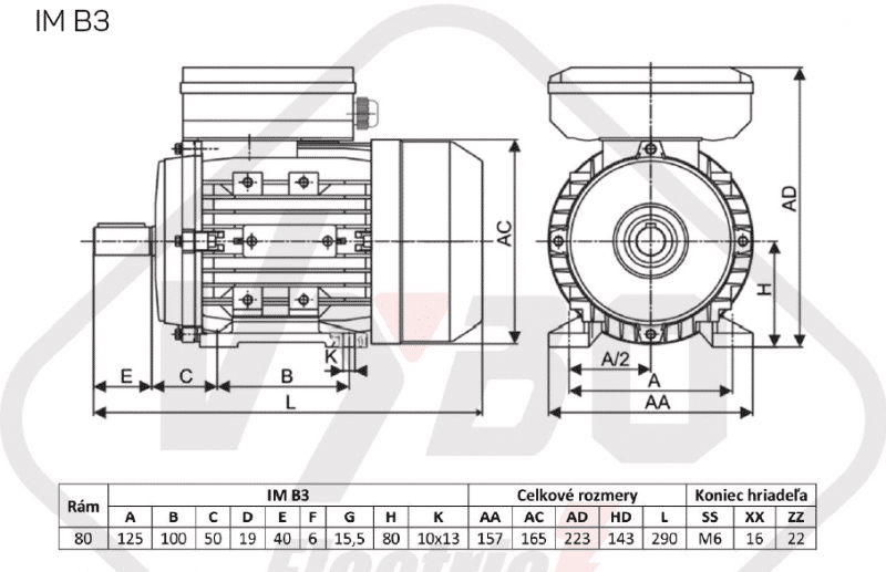 rozmerový výkres jednofázový elektromotor 230V 0,55kw 1ALJ801-4