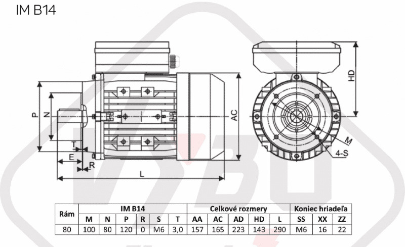 rozmerový výkres jednofázový elektromotor 230V 0,75kw 1ALJ802-4