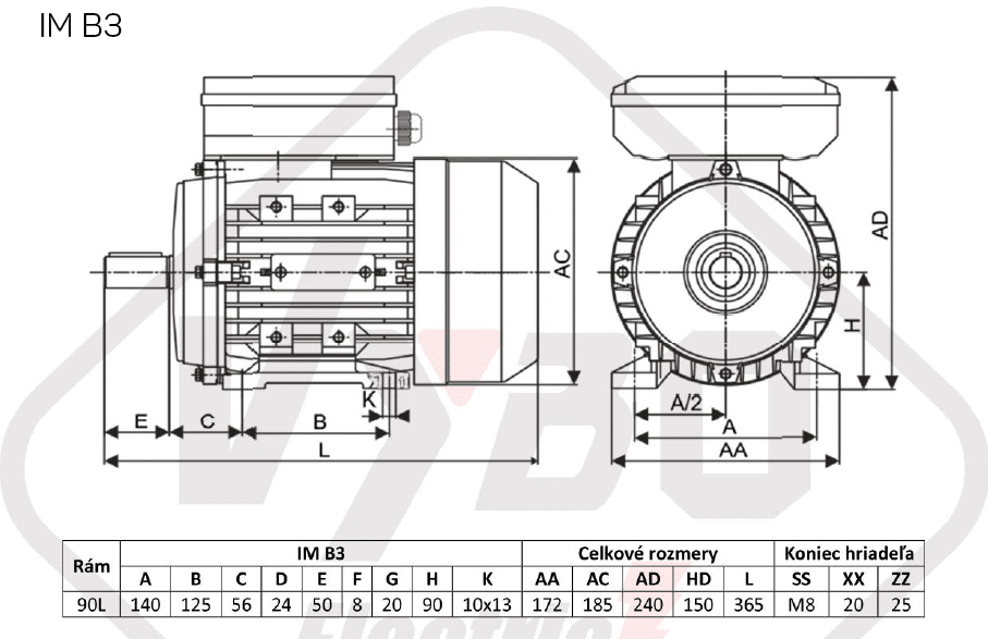 rozmerový výkres jednofázový elektromotor 230V 1,5kw 1ALJ90L2-4