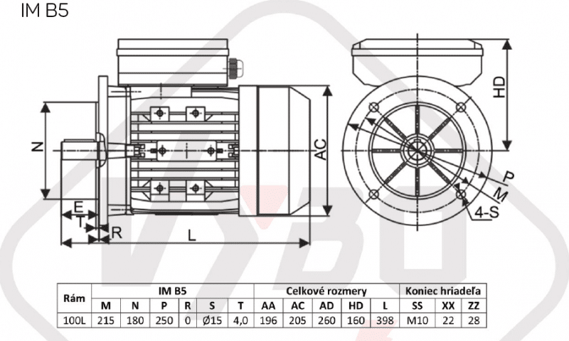 rozmerový výkres jednofázový elektromotor 230V 2,2kw 1ALJ100L1-4