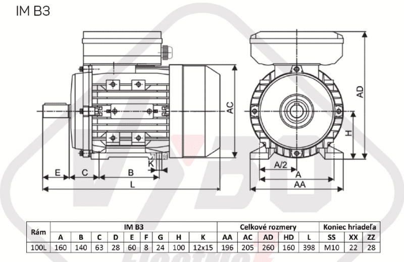 rozmerový výkres jednofázový elektromotor 230V 3kw 1ALJ100L2-4